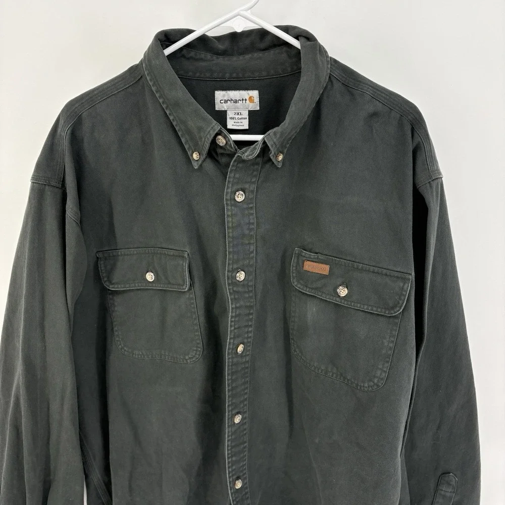 Carhartt Men's Green Heavy Duty Button Up Long Sleeve Shirt Cotton Twill 2XL
